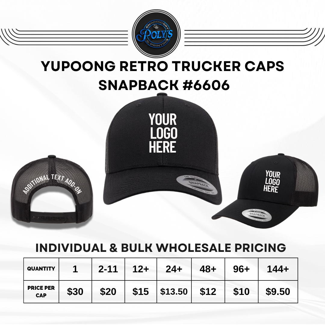 Trucker snapback caps with customizable logo embroidery, for individual or wholesale ordering from Poly's Embroidery and Printing company